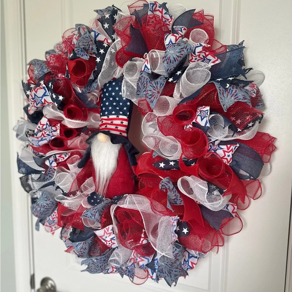 Patriotic Gnome Wreath Red White Blue Americana Summer Door Decor 27 inch